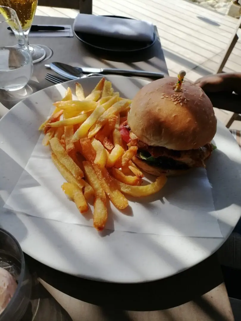 A hamburger and fries on a plate.