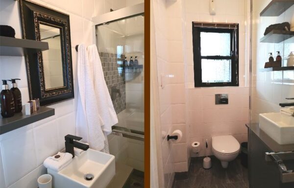 A bathroom with two different views of the same room.