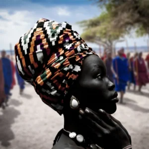 A woman with a colorful head wrap on.